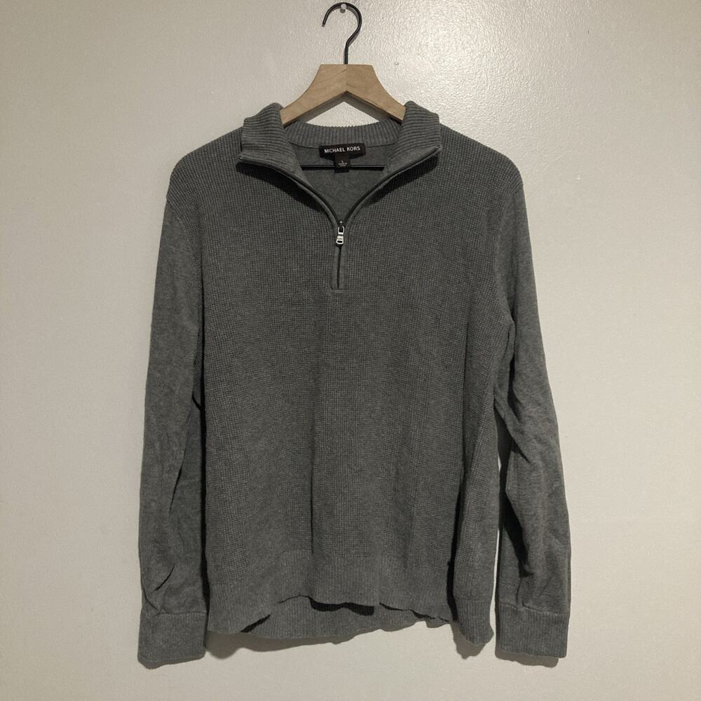 Michael Kors Mens Pullover Gray Sweater Size Large Quarter Zip 100% Cotton